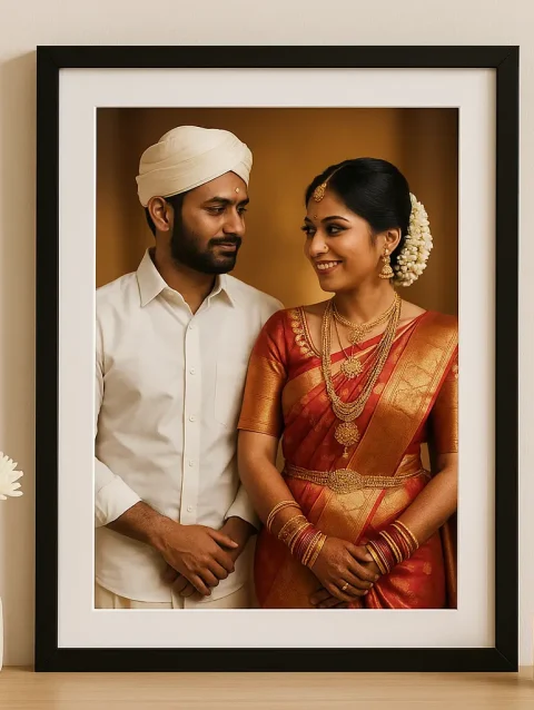 A3 customized matte photo frame with Tamil couple portrait – personalized gift for home decor