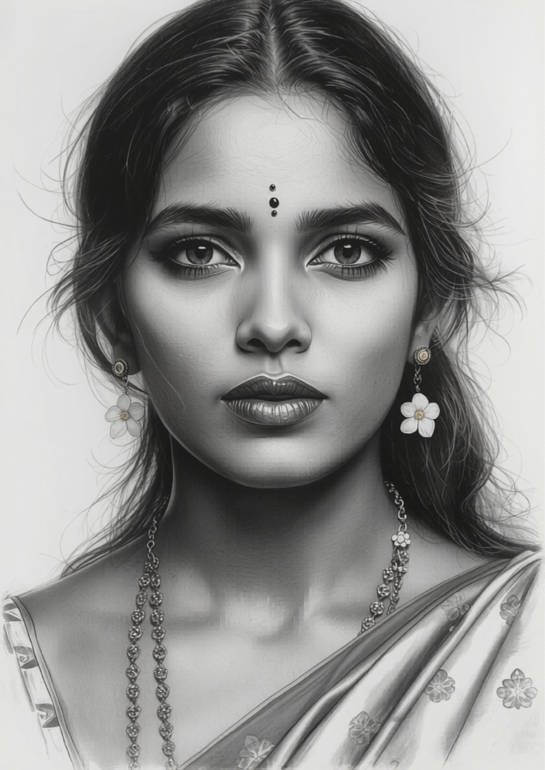 Pencil Art Portrait - Tamil Woman