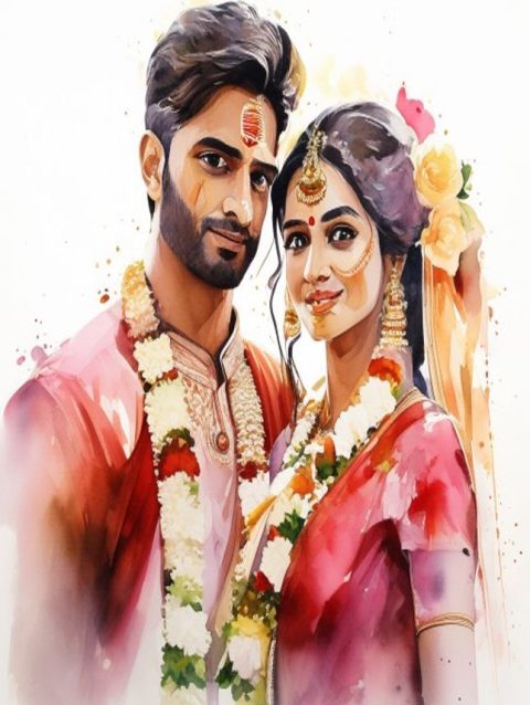 Watercolor Art Portrait - Tamil Marriage Couple
